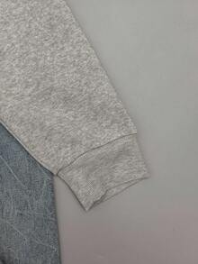 SHEIN EZwear Sudadera con capucha con cremallera de punto gris Attitoon, estilo universitario con patrón de insignia, talla 23, sudadera casual y elegante para mujer para otoño/invierno