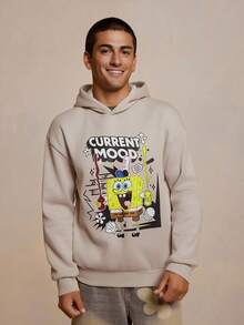 SpongeBob SquarePants | SHEIN 男士卡通图案连帽卫衣，秋冬 - 杏色 - 查看 3