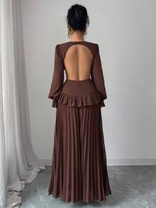 SHEIN Elenzya Váy tay bồng, cổ chữ V, lưng khoét sâu, viền bèo nhún, dáng chữ A, thanh lịch và lãng mạn, vải voan, váy thường ngày cho nữ - Cà phê - Xem 6