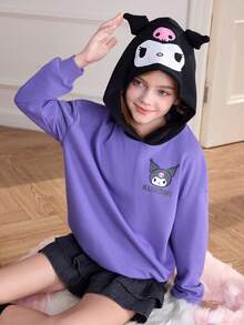 HELLO KITTY AND FRIENDS | SHEIN 少女可爱简约卡通图案落肩3D耳朵卫衣，休闲日常穿着，紫色