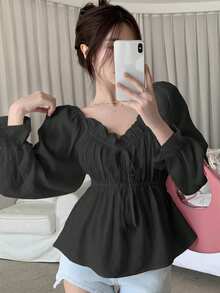 DAZY Women's Off-Shoulder Long Sleeve Ruffle Trim Bell Sleeve Patchwork Black Blouse, Suitable For Autumn, Spring And Summer - Black - View 2