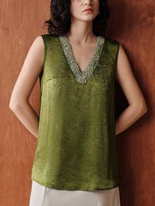 Uhlyne Minimalist V-Neck Ruffle Trim Sleeveless Top For Women, Office/Church/Teacher Wear - Apricot - View 7