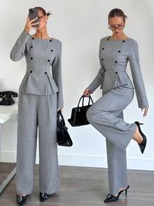 Siren Gaze 2 件套优雅商务休闲女装，纽扣装饰船领长袖上衣和直筒裤，适合通勤，秋冬 - 灰色 - 查看 4