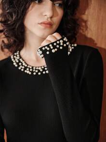Uhlyne Uhlyne Áo dài tay tối giản đính ngọc trai và đá Rhinestone dành cho nữ - màu đen - Xem 2