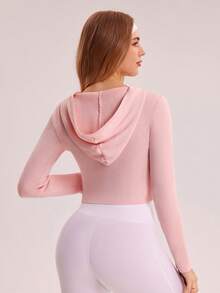SHEIN Sovereign Charm 女式纯色前拉链短款修身长袖连帽针织开衫 - 淺粉色 - 查看 2