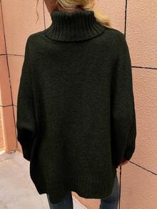 Chiquease 女士休闲高领纯色落肩宽松毛衣秋冬新年衣服 - 墨綠色 - 查看 2