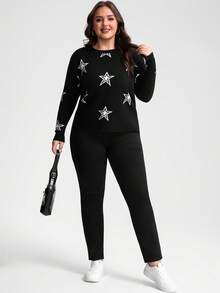 INAWLY Blusa de malha plus size feminina com logotipo Five Star, preta e branca - Preto e Branco - Ver 1
