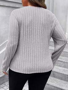 SHEIN LUNE Plus Size Women's Solid Color Round Neck Drop Shoulder Casual Ribbed Textured Long Sleeve T-Shirt - Light Grey - View 2