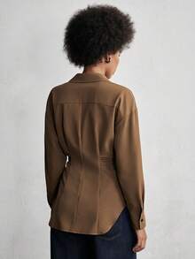 Lumivelle Women's Solid Color Drop Shoulder Long Sleeve Casual Shirt With Waist Buckle Design - Coffee Brown - View 2