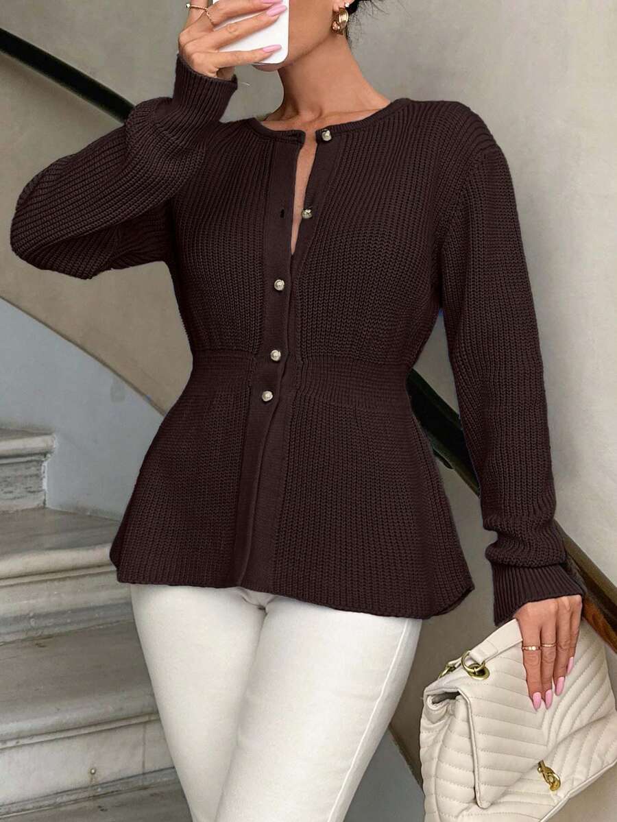 EURMUSE Knitwear Peplum Hem Cardigan With Fancy Buttons - Brown - View 1