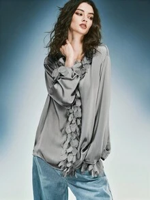 女式 V 领纽扣长袖衬衫，带蕾丝花边，休闲/商务装，秋冬 - 灰色 - 查看 5