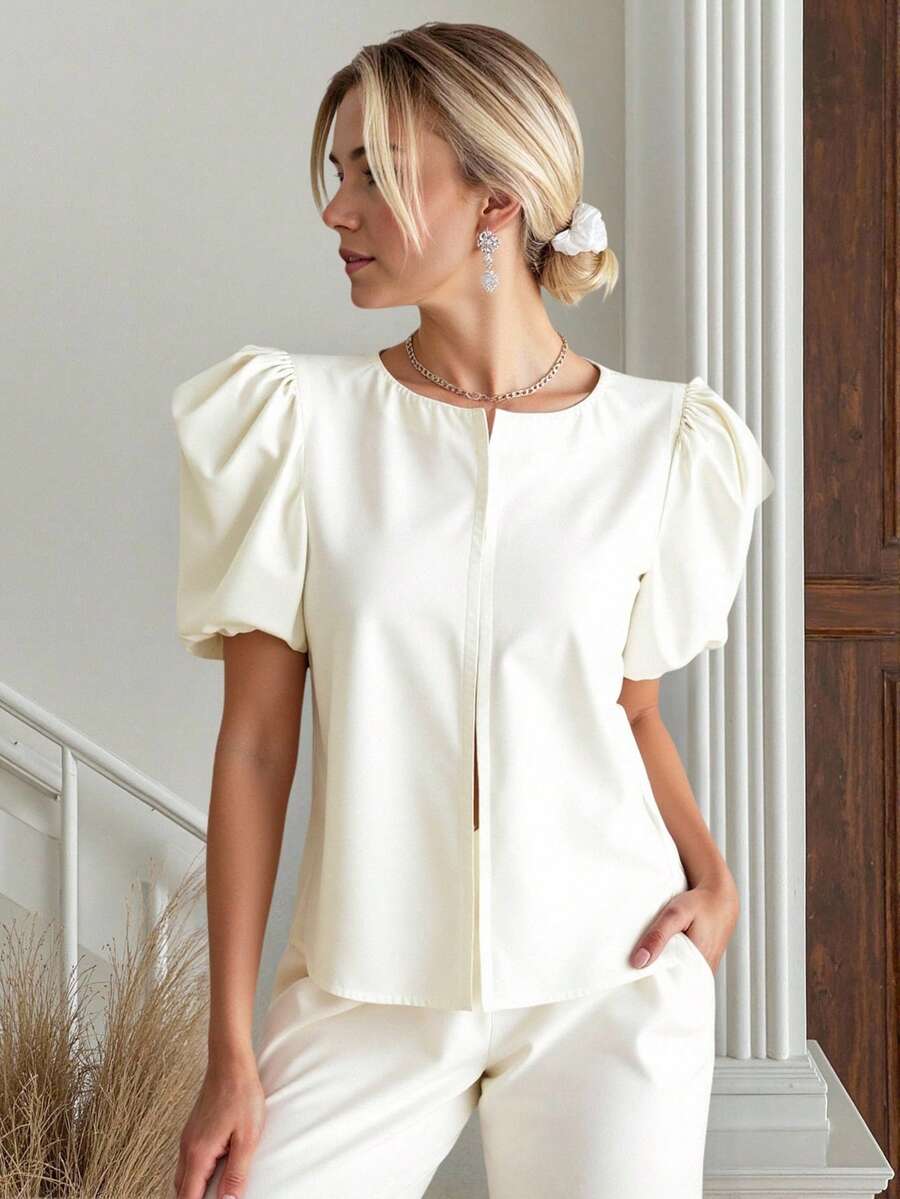 Women's Solid Color Crew Neck Short Puff Sleeve Casual Blouse - White - View 1