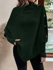 LanaWest 女士休闲纯色高领蝙蝠袖宽松时尚针织毛衣 - 墨綠色 - 查看 5