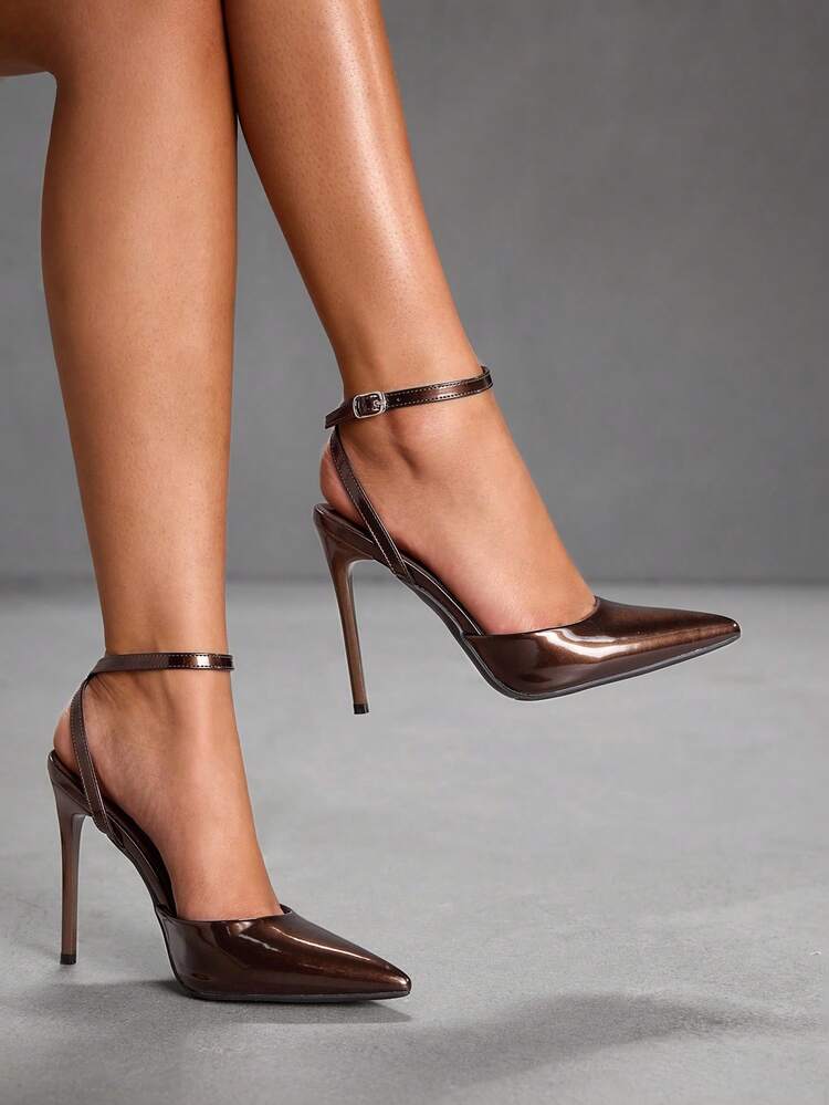 CUCCOO SZL Women's Coffee Color Pearlescent Pointed Toe Stiletto High Heel Sexy Evening Party Pumps With Ankle Strap For Christmas Spring Shoes