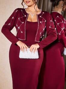 Cravure Bộ 2 món áo len dài tay dệt kim màu đỏ rượu vang lãng mạn, trang nhã, bất đối xứng, đính hạt, trang trí cỡ lớn dành cho nữ - Màu Đỏ Sâu - Xem 2