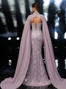 Glamrae 优雅奢华串珠亮片雪纺喇叭袖美人鱼长裙，适合婚礼、派对、度假、舞会、晚礼服 - 灰色 - 查看 4