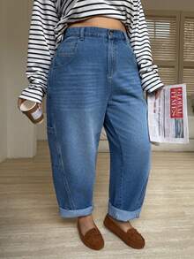 SHEIN CURVE+ 大码女式高腰口袋宽松锥形休闲牛仔裤，圣诞牛仔，圣诞节，新年，新年，大码牛仔裤，曲线修身牛仔裤，超大牛仔裤，松紧腰牛仔裤，宽松牛仔裤，锥形牛仔裤，9/10长度牛仔裤，卷边牛仔裤，多口袋牛仔裤，宽松牛仔裤，高腰大码牛仔裤，圣诞牛仔，冬季休闲牛仔裤，假日旅行牛仔裤，舒适大码裤装，节日牛仔裤，日常曲线牛仔裤，休闲通勤牛仔裤，户外风格牛仔裤，轻松牛仔裤，极简牛仔裤，法式休闲大码裤装，低调奢华牛仔裤，日常舒适牛仔裤，大码日常牛仔裤，曲线休闲牛仔裤，大码工作裤，妈妈牛仔裤，适合曲线身材的牛仔裤，曲线友好牛仔裤，舒适大码牛仔裤，大码锥形卷边牛仔裤，高弹宽松版型，适合身材丰满的女性，休闲复古风牛仔裤，尺码 8XL - 藍色 - 查看 8
