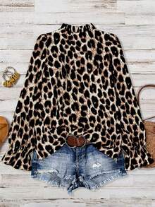 Linhara Plus Size Women's French Style Leopard Print Collar Long Sleeve Loose Casual Shirt Dress, Autumn, Long Sleeve Shirt With Ruffle Collar For New Year - Multicolor - View 2