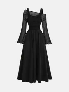 少女优雅修身黑色网眼拼布不对称肩部喇叭袖褶饰连衣裙，女童黑色派对礼服，圣诞礼服，新年礼服，舞会礼服