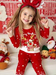 SHEIN 红色圣诞系列、圣诞快乐、可爱雪花、蝴蝶结、驯鹿印花、冬青快乐可爱、红色圈圈鲁道夫、年轻女孩休闲简约保暖柔软长袖上衣睡衣套装适合秋冬家居舒适贴身、圣诞睡衣派对、新年睡衣、寒冷假期、小女孩睡衣套装、红色圣诞睡衣、舒适贴身单人睡衣、长袖舒适贴身两件套睡衣 - 彩色 - 查看 1