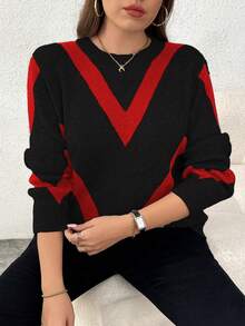 Elenzga 大码女式休闲时尚修身圆领长袖提花针织套头衫，秋冬 - 紅色 - 查看 1