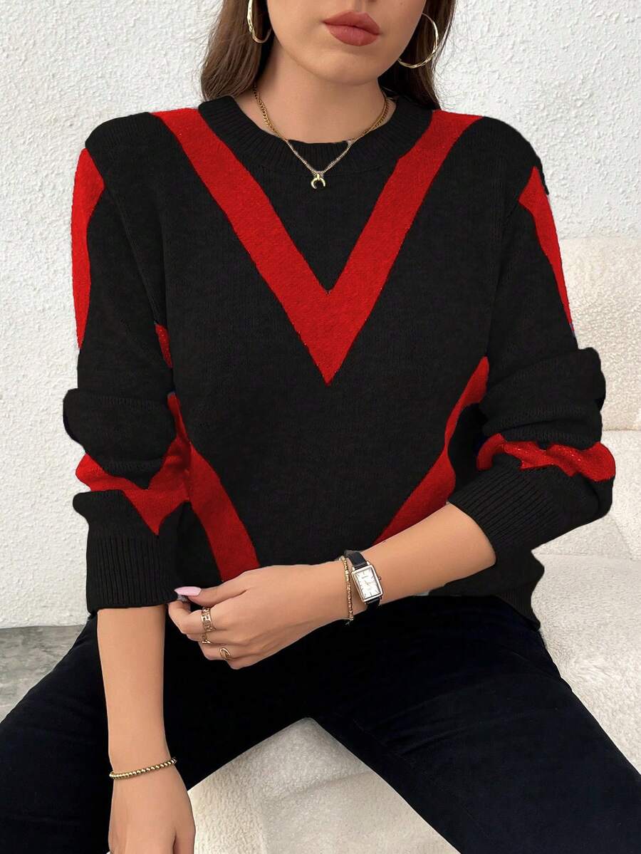 Elenzga 大码女式休闲时尚修身圆领长袖提花针织套头衫，秋冬 - 紅色 - 查看 1