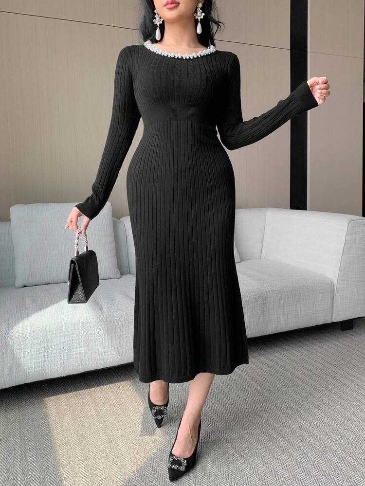 Women's Vintage Braided Knit Dress With Pearl Decor, Crew Neck, Fitted Waist, Elegant Sweater Dress