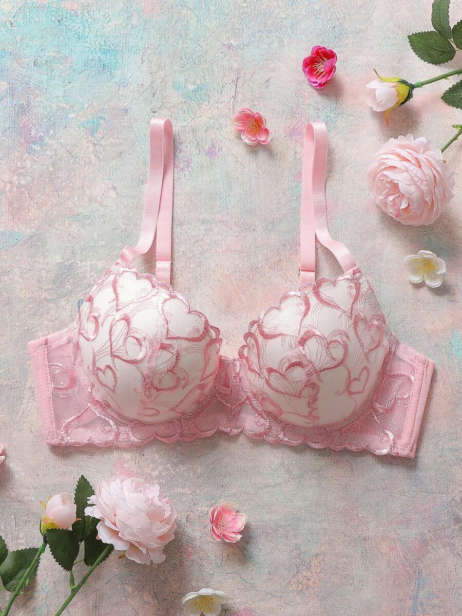 Pink Underwire Molded Cup High Support Embroidered Heart Pattern Lift & Gather Sweet Cute Elegant Ladies Bra