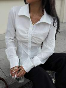 Siren Gaze Áo cánh cổ chữ V màu trắng dành cho nữ, áo sơ mi dài tay cạp nhún, áo cánh cổ bẻ xếp ly màu trơn - trắng - Xem 5