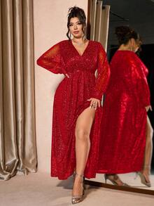 Cravure Váy dài tay cổ chữ V màu đỏ thanh lịch họa tiết lá vàng cỡ lớn - Đỏ - Xem 3