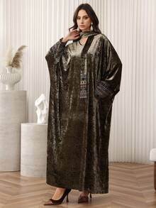 Al Najma 优雅宽松天鹅绒刺绣拼布袖长款束腰外衣 - 綠色 - 查看 4