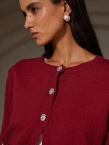GENKIRA 2pcs Set: Solid Color Crew Neck Faux Pocket Cardigan & Pleated Maxi Skirt Sweater - Red - View 7
