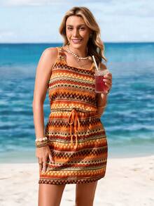 Sylviya 女式無袖連衣裙，編織彩色條紋紋理，方領/圓領，束腰帶，休閒假期風格 - 彩色 - 查看 4