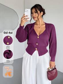 Firerie Plus Size Solid Color Front Button Long Sleeve Casual Knit Cardigan In Fall/Winter Office Old Money