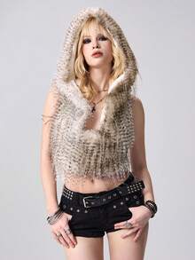 ROMWE EDITION Y2K性感孔雀仿毛皮露背连帽女式上衣 - 淺灰色 - 查看 6