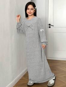 SHEIN Tween Girl Casual Loose Round Neck Bow Embroidered Knit Long Sleeve Dress, Relaxed Fit, Heather Gray, Autumn/Winter - Light Grey - View 5