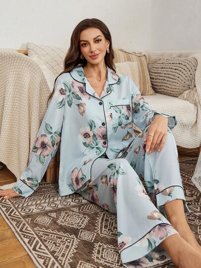 Serenescape Conjunto de pijama de mujer con estampado floral, manga larga y pantalón largo