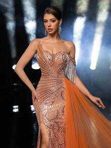 Glamrae Elegante, lujoso, con cuentas, con mangas florales con lentejuelas, con flecos, falda de sirena con abertura lateral y drapeado lateral, adecuado para bodas, fiestas, vacaciones, galas, vestidos de noche (muy adornado) - Naranja Quemada - Ver 2