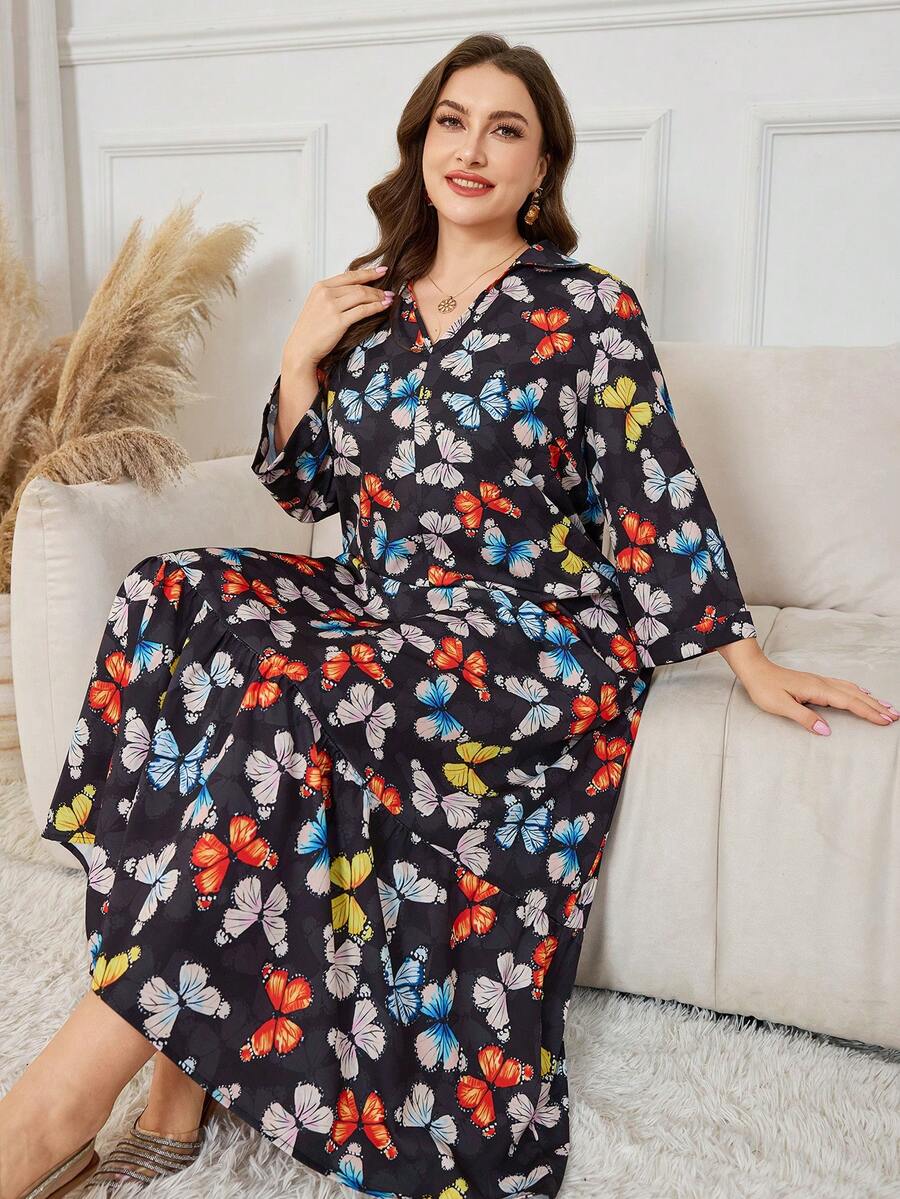 Al Najma Váy họa tiết bướm tay 3/4 thường ngày phong cách Ả Rập cỡ lớn dành cho nữ - màu đen - Xem 1