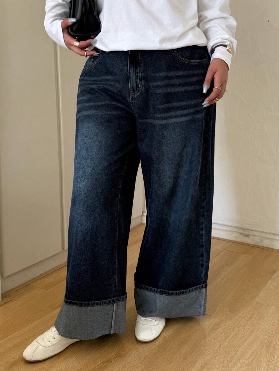 SHEIN CURVE+ Große Größen Lässig Washed Weite Bein Jeans