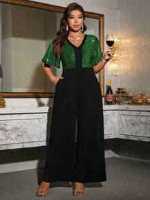 Auvina 大码女式V领金属线拼接短袖连体裤，适合舞会穿着 - 彩色 - 查看 1