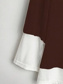 EMERY ROSE Bộ đồ thường ngày cho nữ cỡ lớn, áo dài tay cổ chữ V màu tương phản và quần ống rộng - màu nâu - Xem 5