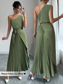 Firerie Women's Sage Green Oblique Collar Sleeveless Cinched Waist Pleated Hem Dress,Elegant Summer Wedding Guest Office Lady Dress, Boho Wedding Season - Green - View 1