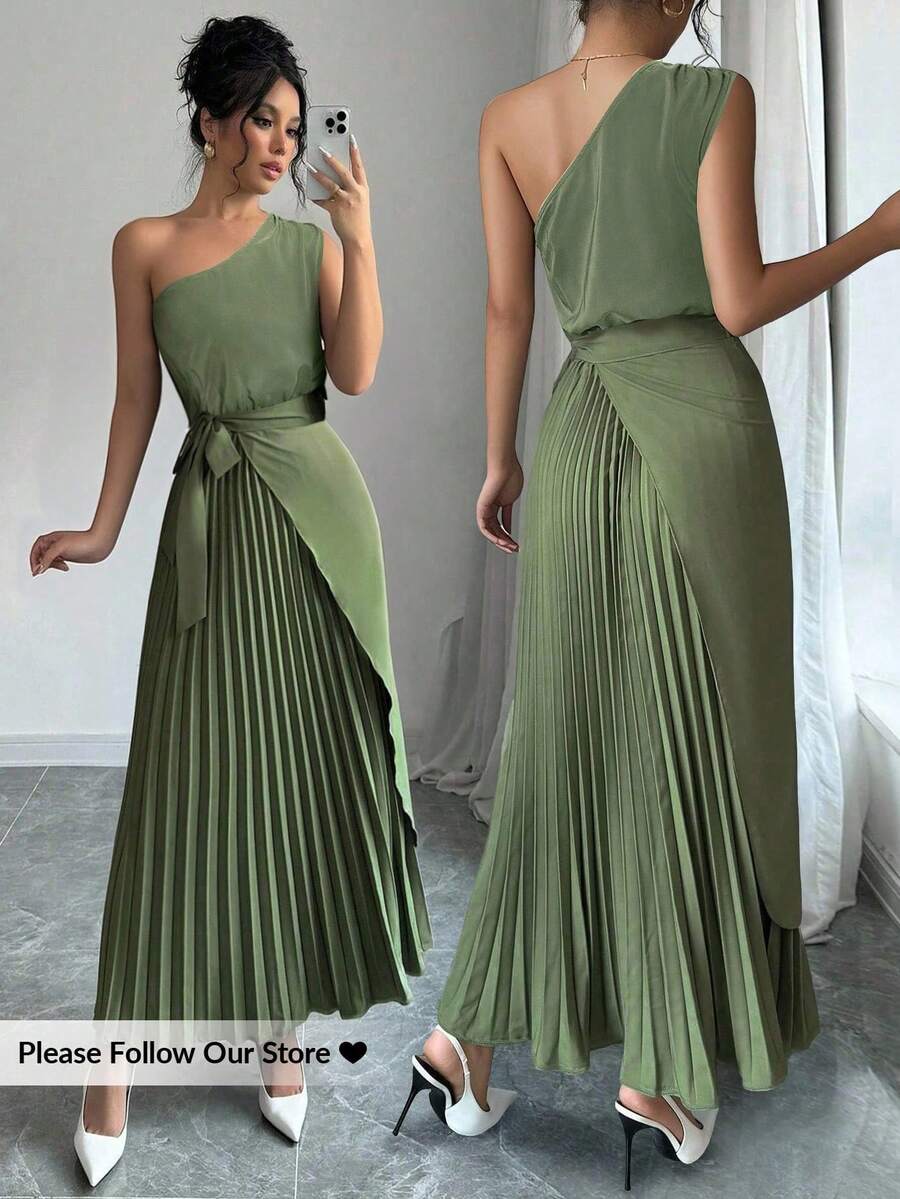 Firerie Women's Sage Green Oblique Collar Sleeveless Cinched Waist Pleated Hem Dress,Elegant Summer Wedding Guest Office Lady Dress, Boho Wedding Season - Green - View 1