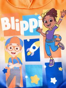 Blippi X SHEIN 2pcs/Set Young Boy Cartoon Figure & Letter Graphic Ombre Drop Shoulder Long Sleeve Hooded Sweatshirt & Letter Graphic Blue Knit Jogger Pants Casual Sports Outfit - Blue - View 5