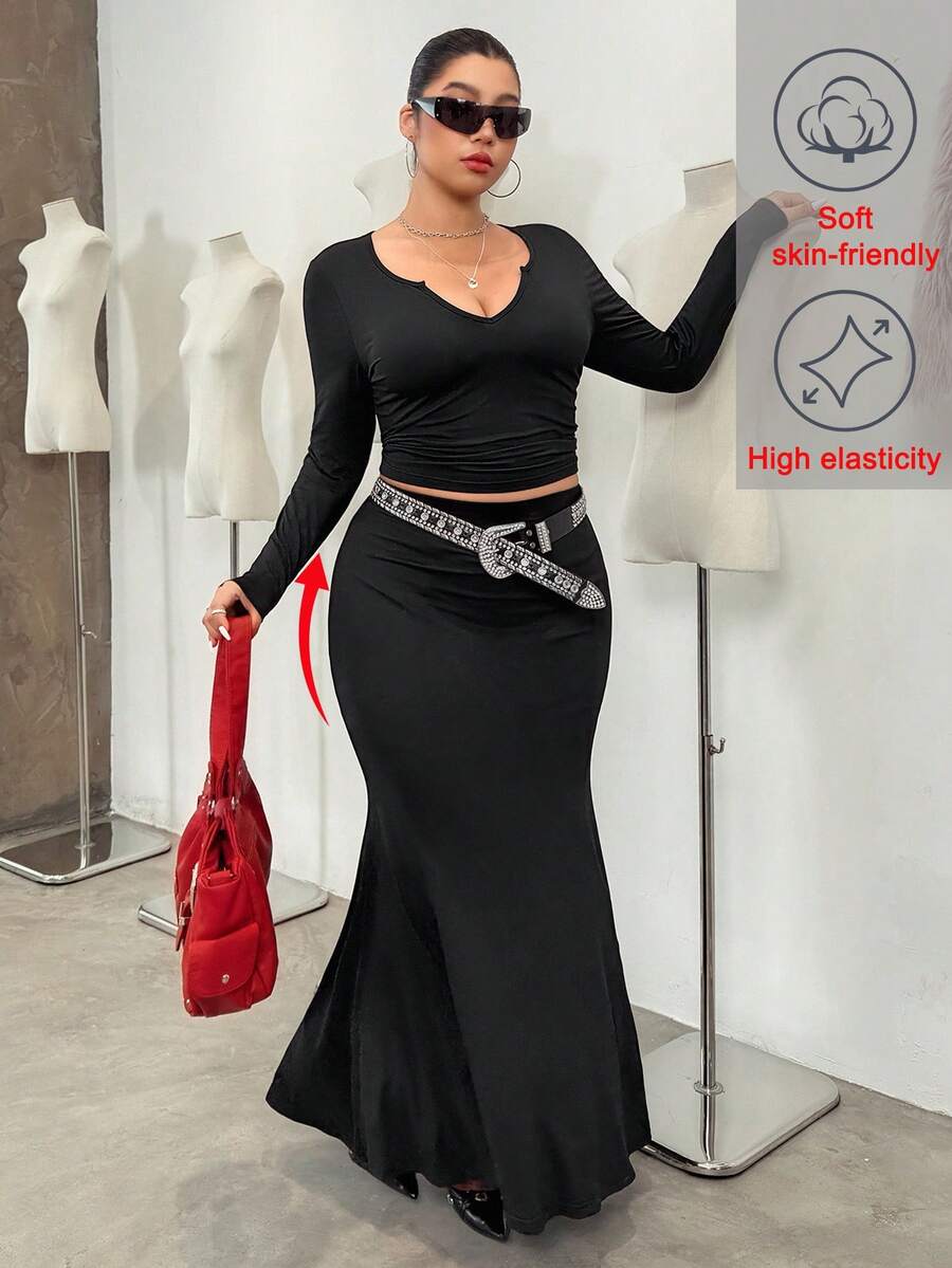 SHEIN EZwear 加大码黑色美人鱼裙和长袖T恤两件套 - 黑色 - 查看 1