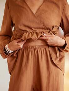 Lullawish Conjunto de pijama de mujer de rayas marrones con textura, estilo bohemio, casual y cómodo para vacaciones, con cuello en V, ropa de estar en casa de manga larga, ropa de invierno