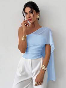 Firerie 女士优雅休闲度假日常时尚百搭白色不对称领口网眼拼布不对称系带修身衬衫，夏季 - 淺藍色 - 查看 4