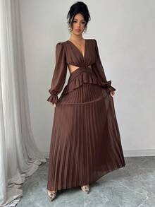 SHEIN Elenzya Váy tay bồng, cổ chữ V, lưng khoét sâu, viền bèo nhún, dáng chữ A, thanh lịch và lãng mạn, vải voan, váy thường ngày cho nữ - Cà phê - Xem 7