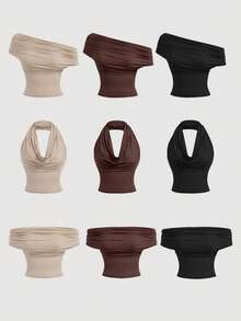 SHEIN MOD 三穿式女士休闲纯色修身上衣，适合夏季穿着，高领设计，露肩款式，美观大方，适合节日、乡村、海滩度假、下午茶聚会等场合，风格端庄，适合舞会等场合，可爱无肩带长款抹胸上衣，女士抹胸套装，适合冬季、圣诞节、新年、感恩节等场合，性感百搭。 - 彩色 - 查看 12